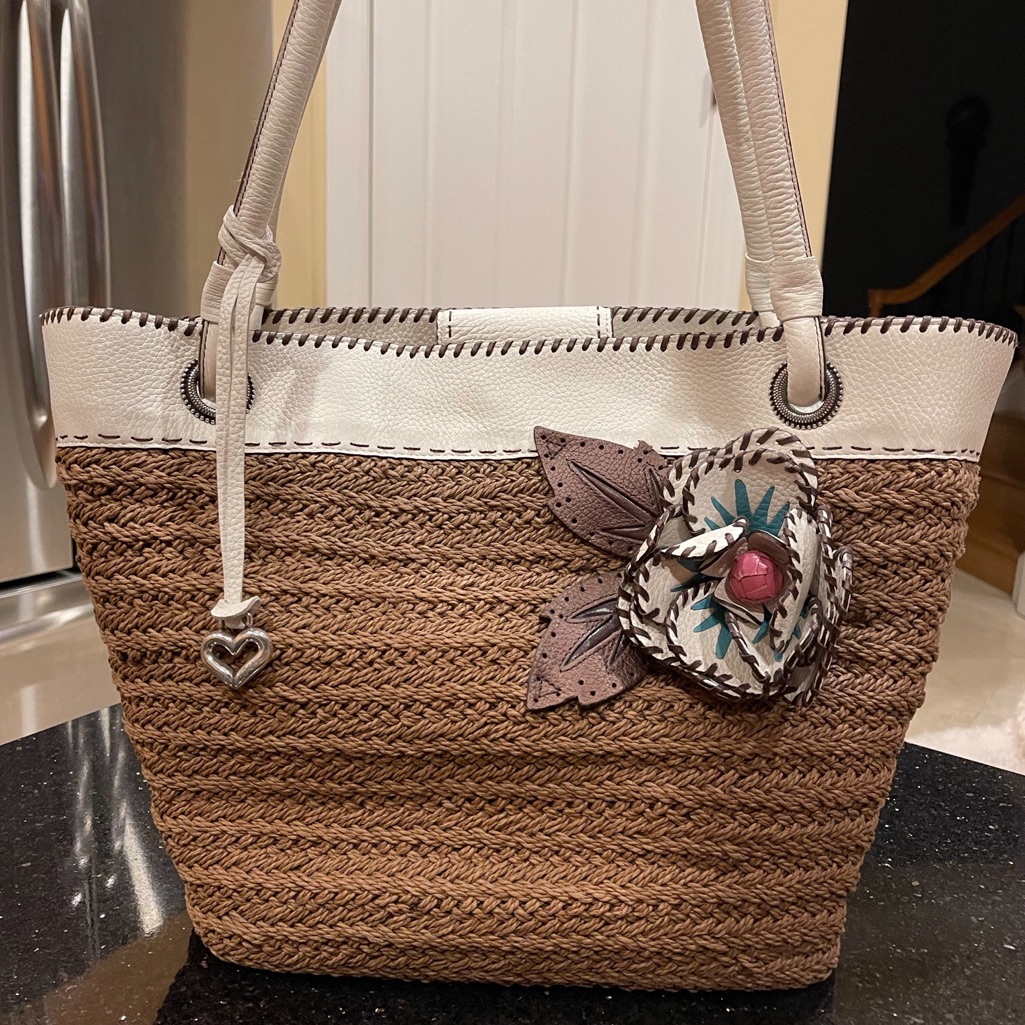 Brighton Large Leather And Rope Flower Adorned Gigantic Shoulder Bag Tote Purse